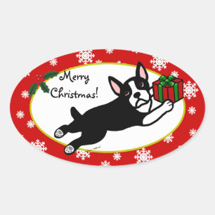 Sticker Ovale Boston Terrier Noël 2 Cartogrammes Snowflakes