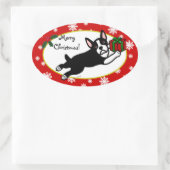 Sticker Ovale Boston Terrier Noël 2 Cartogrammes Snowflakes (Sac)