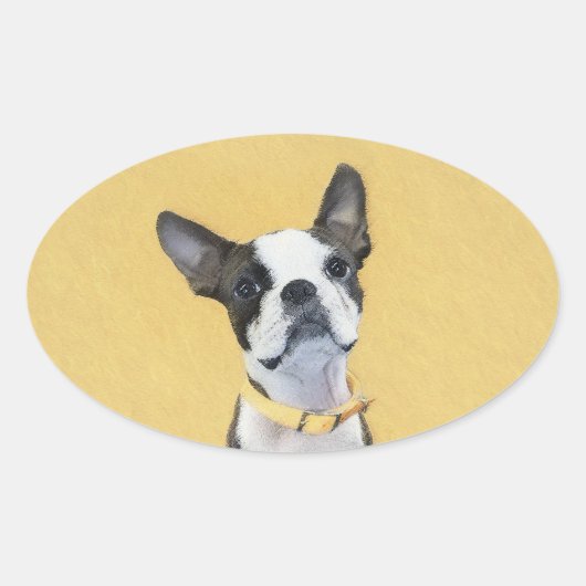 Sticker Ovale Boston Terrier Peinture - Cute Original Chien Art (Devant)