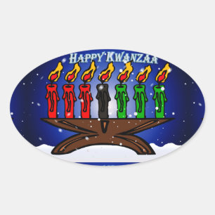 Sticker Ovale Bougie Kwanzaa Kinara avec neige et salut