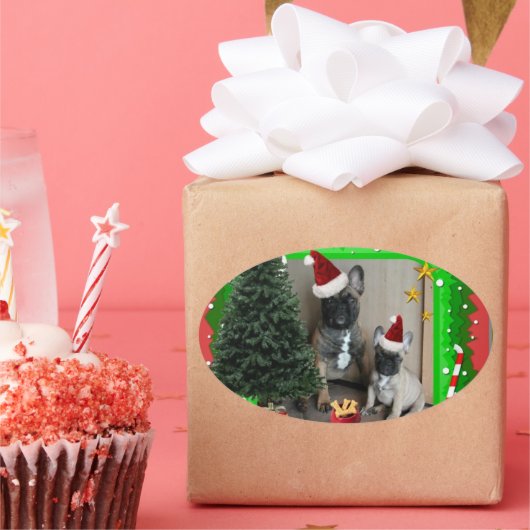 Sticker Ovale Bouledogues français Noël French Bulldog (Fête)