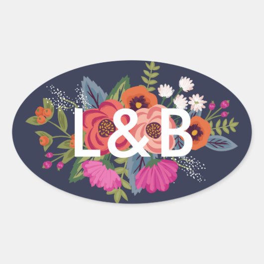 Sticker Ovale Bouquet bohème - Initiales Mariages bleu marine (Devant)