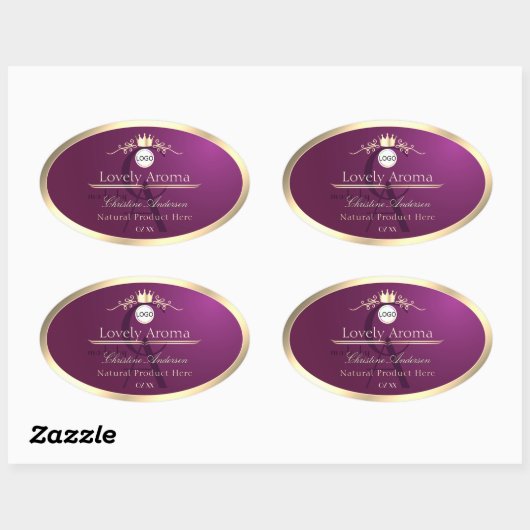 Sticker Ovale Burgundy Product Label Gold Border Logo Monogram (Feuille)