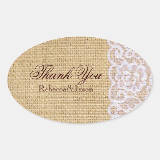 Sticker Ovale burlap white lace country rustique mariage merci (Devant)
