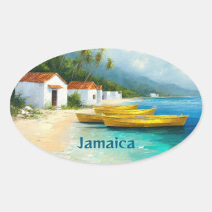 Sticker Ovale Cabanes de pêche jamaïcaines sur le rivage