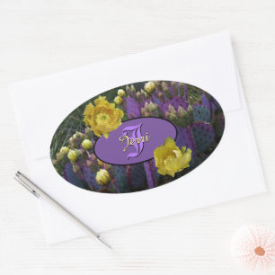 Sticker Ovale Cactus Violet Avec Enveloppe Fleurs Jaunes