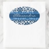 Sticker Ovale Calligraphie damassé bleu art personnalisable (Sac)