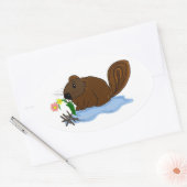 Sticker Ovale Castor avec bâtons et fleurs (Enveloppe)