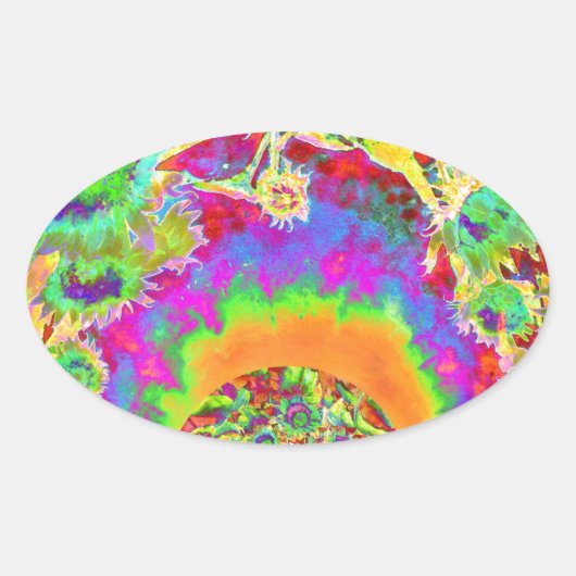 Sticker Ovale Champs de tournesol d'aquarelle rétro élégant (Devant)