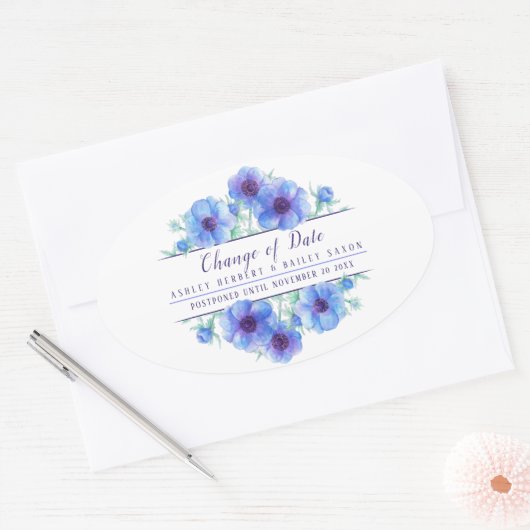 Sticker Ovale Changement de date anemone bleu mariage reporté (Enveloppe)