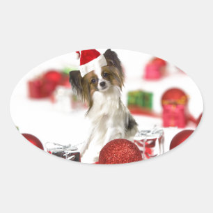 Sticker Ovale Chapeau de Santa de Noël de chien Papillon mignon