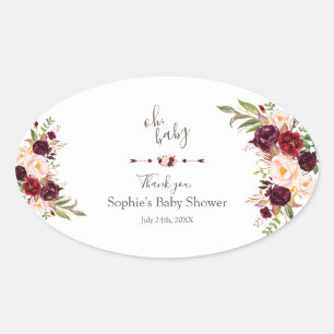 Sticker Ovale Charme Bourgogne Rouge Marsala BABY SHOWER Floral