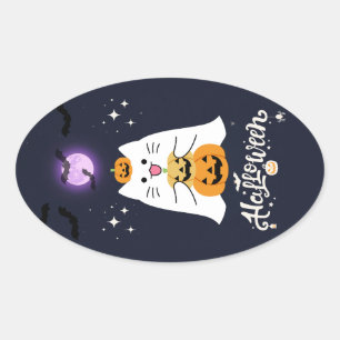 Sticker Ovale Chat d'Halloween au clair de lune – Nuit effrayant
