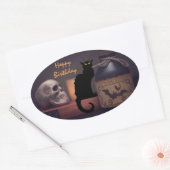 Sticker Ovale Chat noir effrayant et crâne Joyeux anniversaire (Enveloppe)