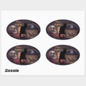 Sticker Ovale Chat noir effrayant et crâne Joyeux anniversaire (Feuille)