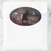 Sticker Ovale Chat noir effrayant et crâne Joyeux anniversaire (Sac)