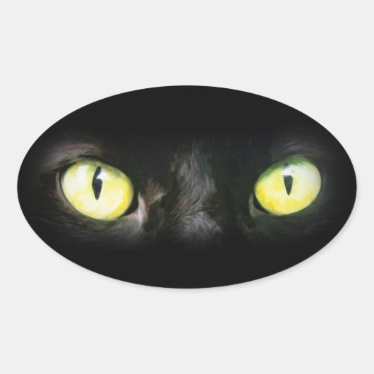 Sticker Ovale Chat noir, Yellow Green Eyes, sobre et Éffrayant (Devant)
