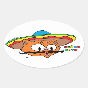 Sticker Ovale Chat Senor Gato Moustache de Dessin Animé