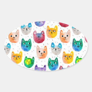 Sticker Ovale Chats aquarelles et amis