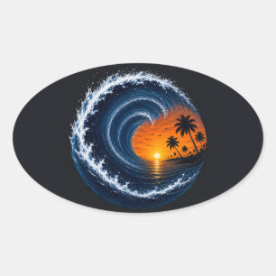 Sticker Ovale Chemise Logo Vague Tropicale au Coucher du Soleil