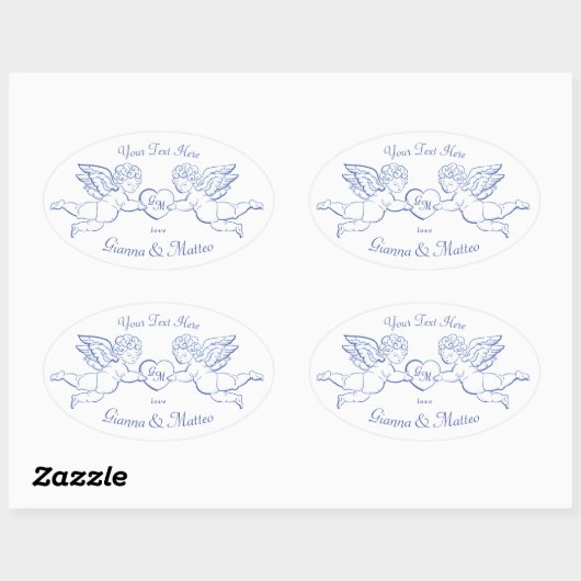 Sticker Ovale Cherubs Tenant Coeur Couple Cupids Initiales (Feuille)