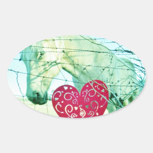 Sticker Ovale Cheval Blanc Coeur Rouge Saint Valentin (Devant)