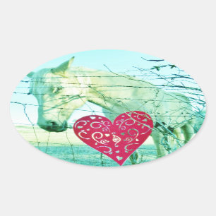Sticker Ovale Cheval Blanc Coeur Rouge Saint Valentin