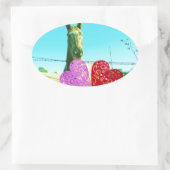 Sticker Ovale Cheval blond et Coeurs rose et rouge (Sac)