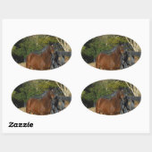 Sticker Ovale Cheval Brown contre une clôture (Feuille)