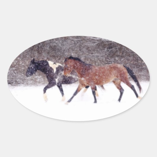 Sticker Ovale Chevaux de neige d'hiver en grange (Devant)