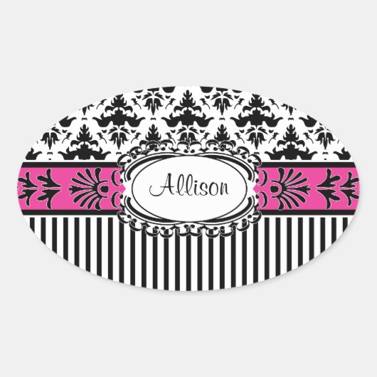 Sticker Ovale Chic Paris Damas et rayures roses et noires (Devant)