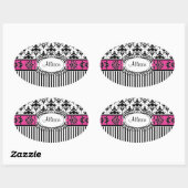 Sticker Ovale Chic Paris Damas et rayures roses et noires (Feuille)