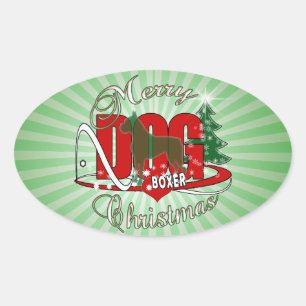 STICKER OVALE CHIEN BOXER CHRISTMAS
