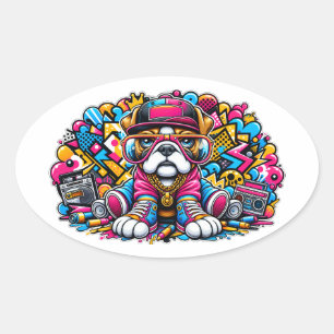 Sticker Ovale Chien de rue Bulldog graffiti Art