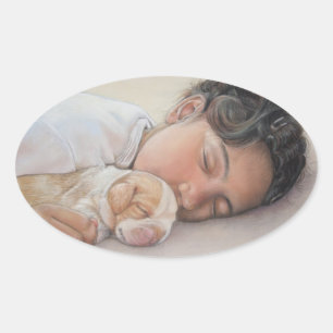 Sticker Ovale chiot très mignon enfant et beagle