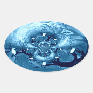Sticker Ovale Chouettes d'arbre bleu Motif