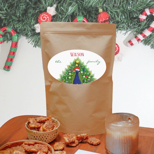 Sticker Ovale Christmas Tree Peacock Family Name