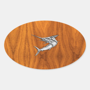 Sticker Ovale Chrome Marlin sur le bois de teck