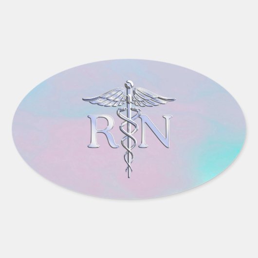 Sticker Ovale Chrome Style RN Caduceus Médicale Mère Pearl Look (Devant)