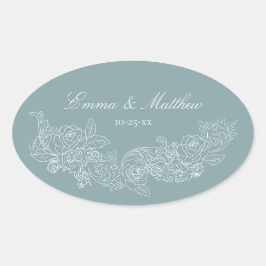 Sticker Ovale Classic Ornament Dusty Bleu Logo Mariage (Devant)