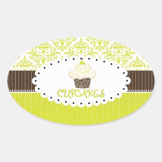 Sticker Ovale Clé PixDezines cupcake+damask/do-it-yourself coule (Devant)