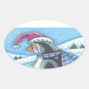 STICKER OVALE COEUR CHAUD FOND FROID, PENGUIN BÂTIMENTS DE NOËL