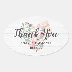 Sticker Ovale Coeur floral rose vif Merci Mariage moderne