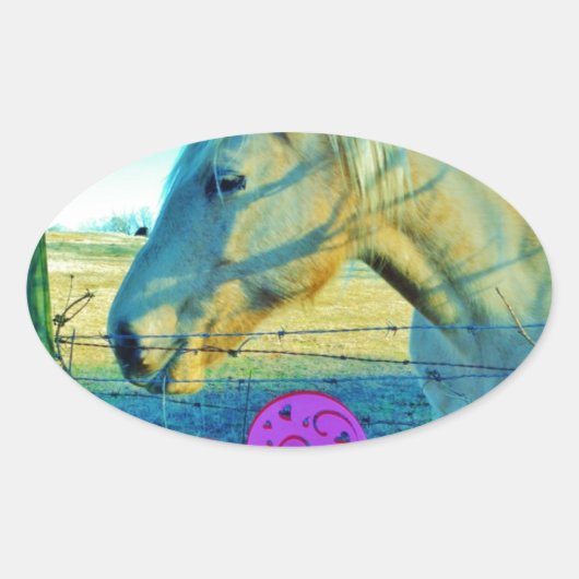 Sticker Ovale Coeur rose et Cheval jaune (Devant)