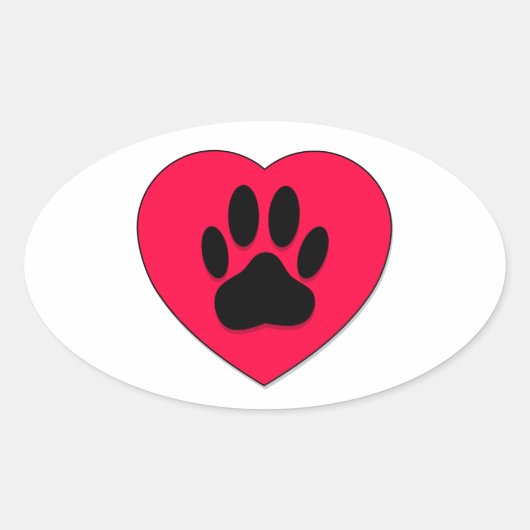 Sticker Ovale Coeur rouge avec Empreinte de patte de chien (Devant)