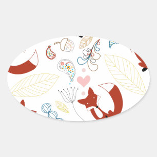 Sticker Ovale Coeurs de Fox mignonne tirant à la main en bleu ja