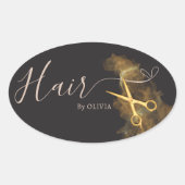 Sticker Ovale Coiffeur Rose Élégant Ciseaux Dorés Coiffeuse (Devant)