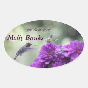 Sticker Ovale Colibri à dahlias violet