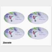 Sticker Ovale colibri coloré et fleurs violettes (Feuille)