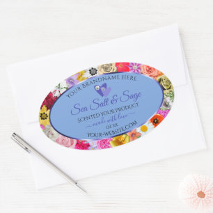 Sticker Ovale Coloré Floral Bleu clair Produit Diamants Étiquett